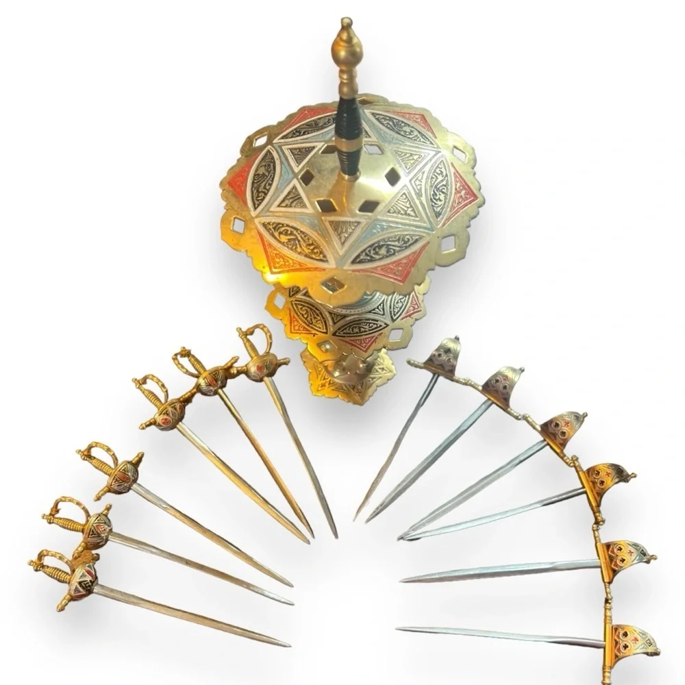 Toledo Spain Damascene Brass Cocktail Sword Skewers Picks Vintage Set of 12 Bar
